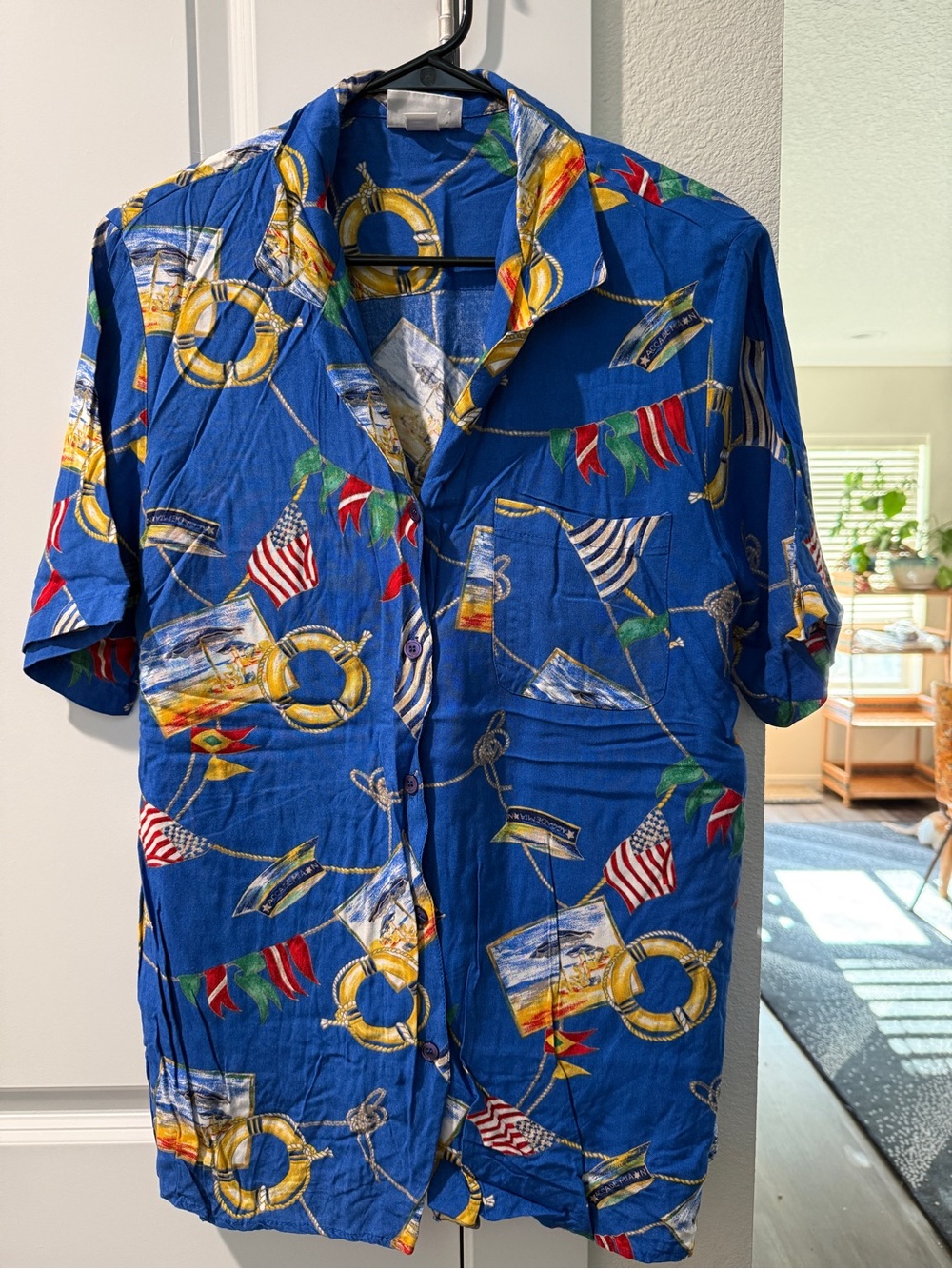 Vintage 1980’s Blue Nautical Print Short-Sleeve Button-Up Shirt